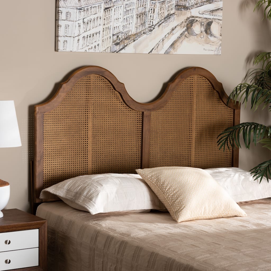 Hazel Ash Walnut Wood and Synthetic Rattan Arched Headboard