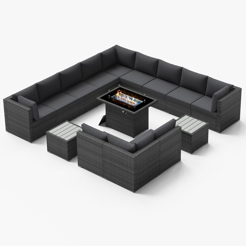 FINCATI 15-Piece Grey Wicker Patio Conversation Set with 43" Fire Pit - Grey