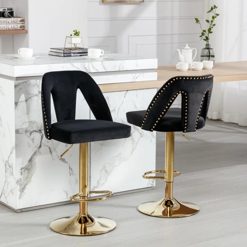 Golden Swivel Velvet Barstools Adjusatble Seat Height from 25 33 Inch Upholstered Bar Stool Counter Stools with Nailheads