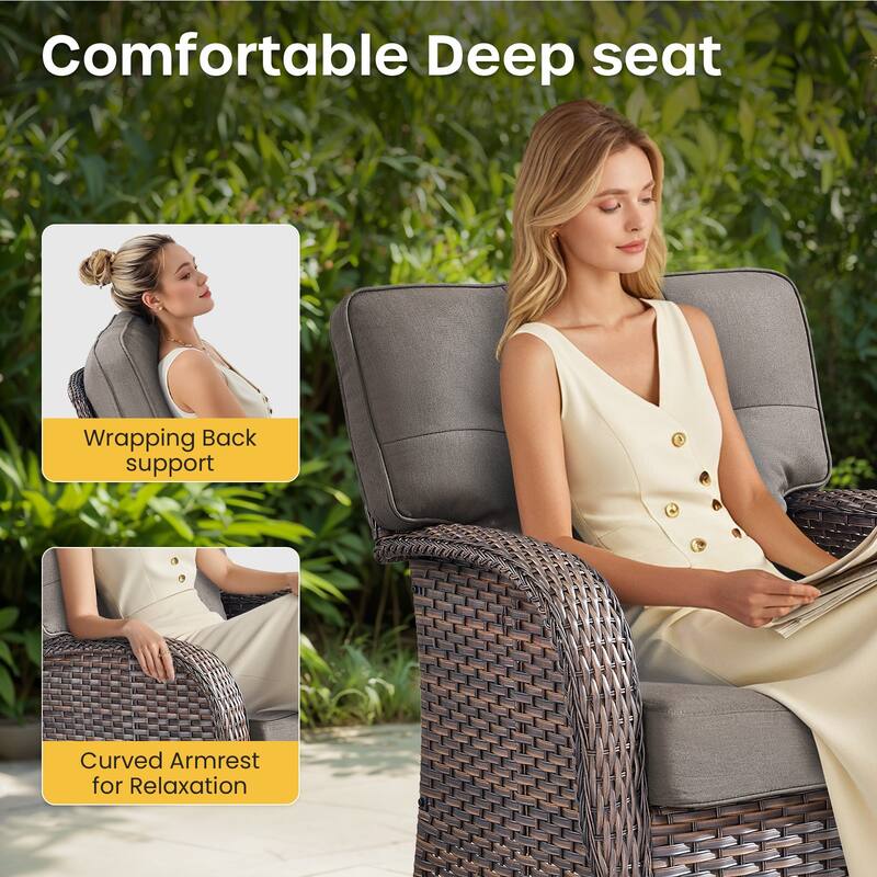 Gymojoy Wide T-Shaped High Back Swivel Glider Chairs Set with Side Table and 5-inch Cusion for Patio & Balcony