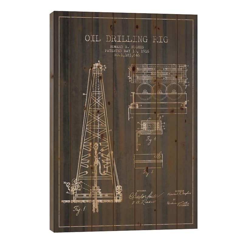 Oil Rig Charcoal Patent Blueprint Print On Wood by Aged Pixel - Multi-Color - 40x26x1.5