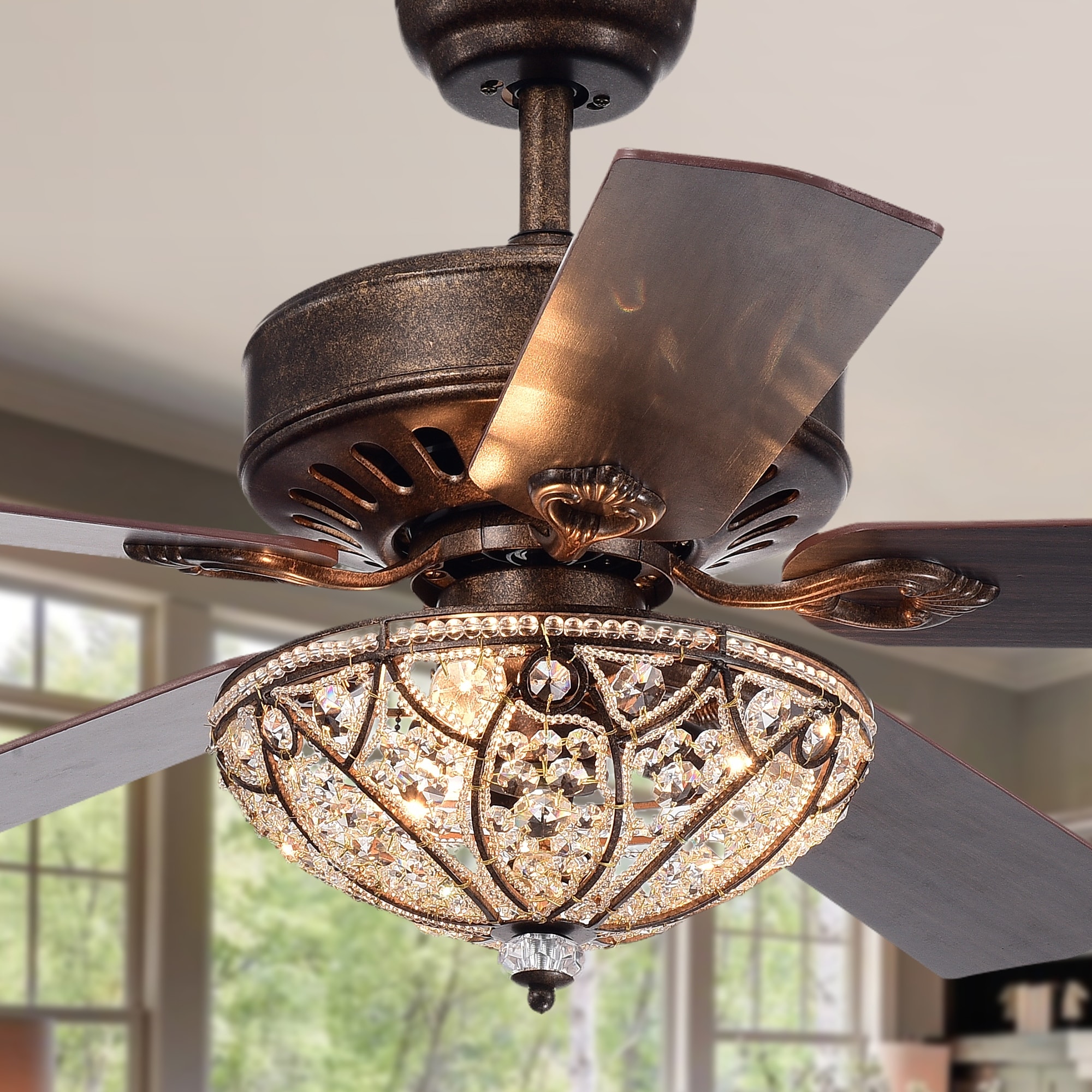 Warehouse of Tiffany Gliska Rustic Bronze 5-blade Lighted Ceiling Fan with Crystal Shade