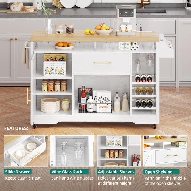 53 Inch Rolling Kitchen Island with Power Outlet And Wine Rack