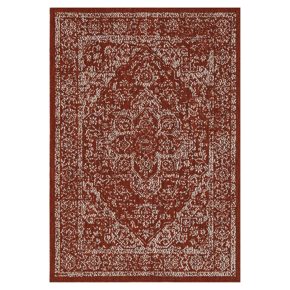 Indoor/Outdoor Area Rug/ Runner/ Doormat- Blue & Natural & Red & Taupe Color -Machine Washable, Weather and UV Resistant-Zaria