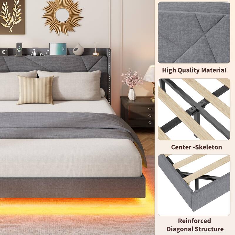 Full/Queen Floating Bed Frame with LED Lights & Charging Station, Upholstered Platform Beds with Storage Headboard