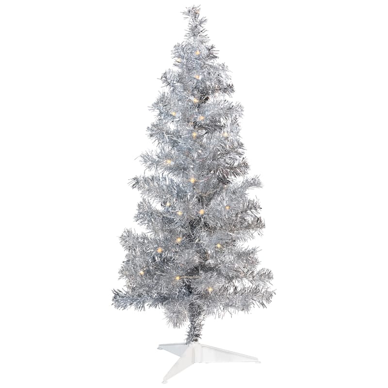 Pre-Lit Artificial Tinsel Christmas Tree - 3' - Silver - Clear Lights - 3 Foot