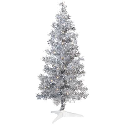 Pre-Lit Artificial Tinsel Christmas Tree - 3' - Silver - Clear Lights - 3 Foot