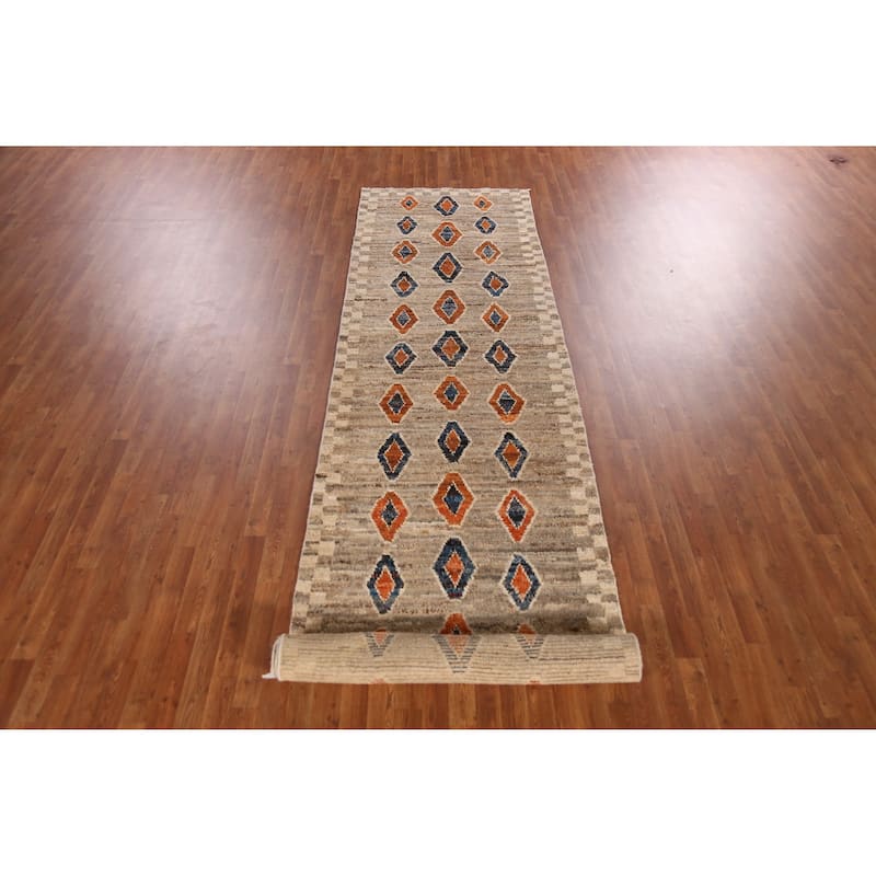Geometric / Tribal Moroccan Oriental Runner Rug Handmade Wool Carpet - 3'8" x 15'4"