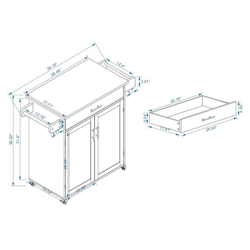 Modern Kitchen Island with Rubber Wood Table Top 1 Drawer, Adjustable Shelves, Towel Rack and Seasoning Rack, for Kitchen
