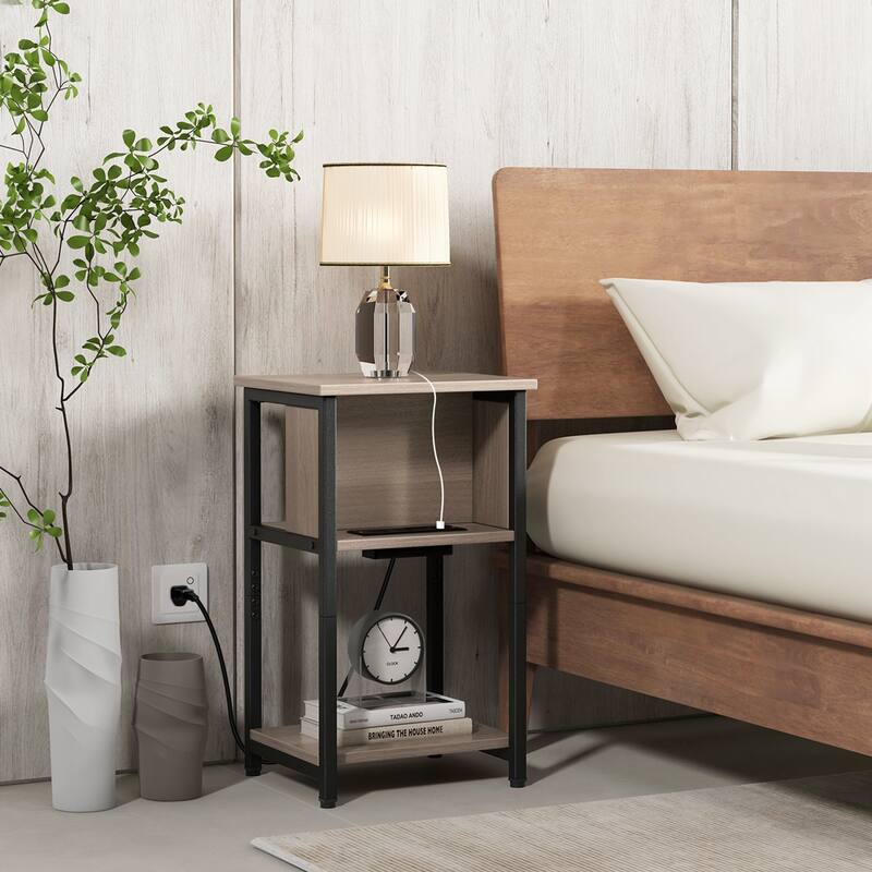 Costway 1/2 PCS Nightstand 3-Tier End Table with Charging Station USB