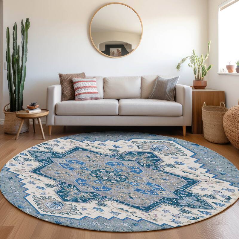 Machine Washable Indoor/ Outdoor Persian Traditional Chantille Rug - Blue - 8' x 8'