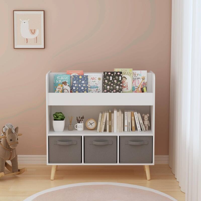 Kids Bookshelf with 3 Fabric Bins - Modern Toddler Bookcase and Toy Storage Organizer