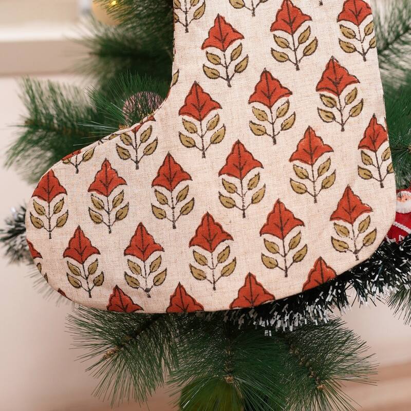 Fabdivine 16x6.5 Inches Hand Floral Block Print Christmas Stockings Tassle and Loop Perfect for Gift - 16"X6.5"