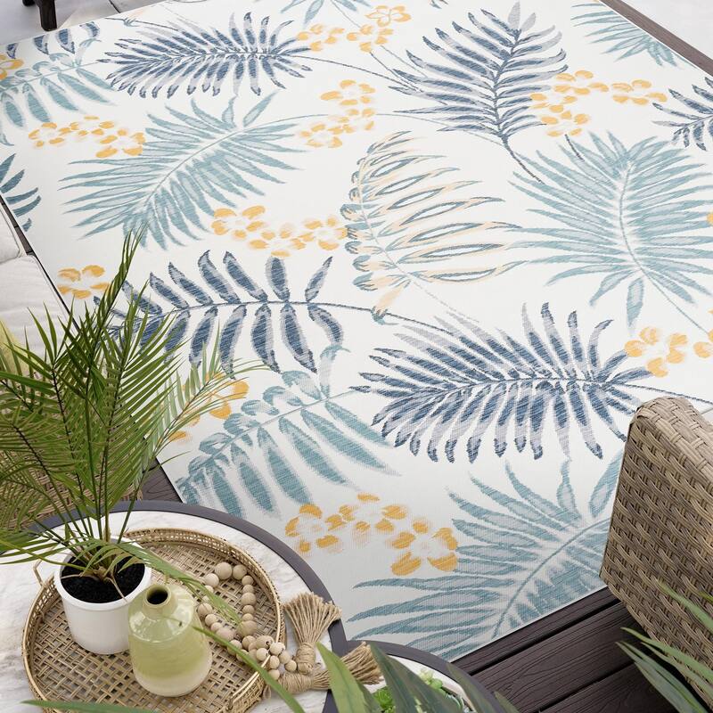 Alfresco Nautical & Coastal Floral & Botanical Reversible Indoor/Outdoor Area Rug - 5'3'' x 7'3'' - Navy/Aqua