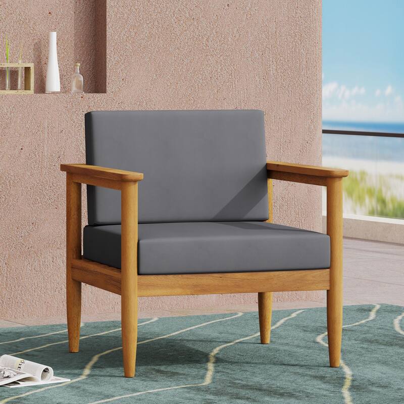 Roomfitters Mid-Century Acacia Wood Outdoor Lounge Chair with Cushions, Weather-Resistant, Grey