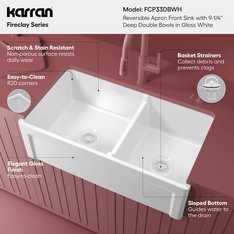 Karran 33" Double Bowl Panel Front Farmhouse Fireclay Kitchen Sink with Reversible Apron Front