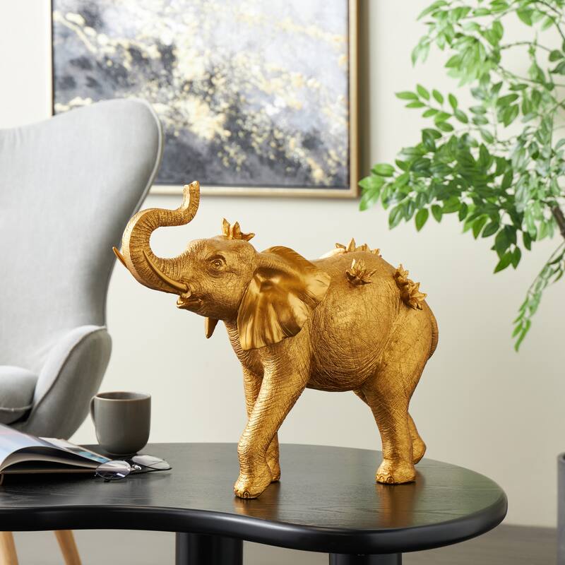 Gold Resin Walking Elephant Decorative Sculpture with Floral Accents - Gold