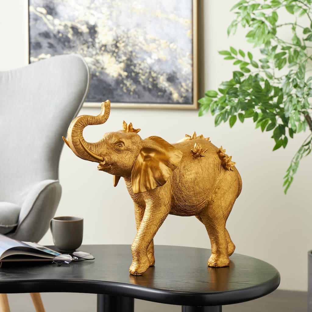 Gold Resin Walking Elephant Decorative Sculpture with Floral Accents