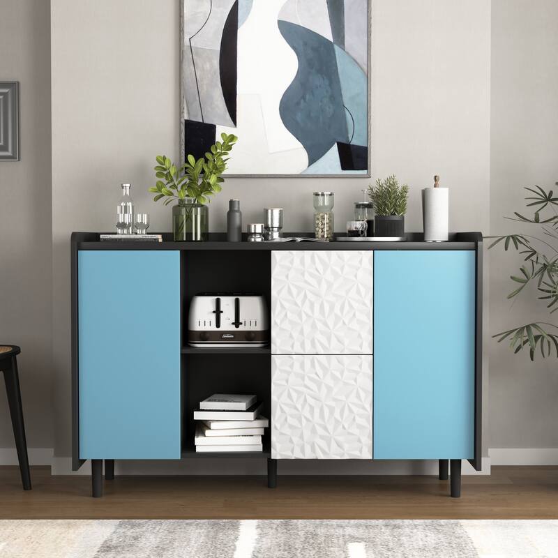 Modern Sideboard Buffet Cabinet with 2 Drawers and 2 Open Storage Compartment - Black+Blue