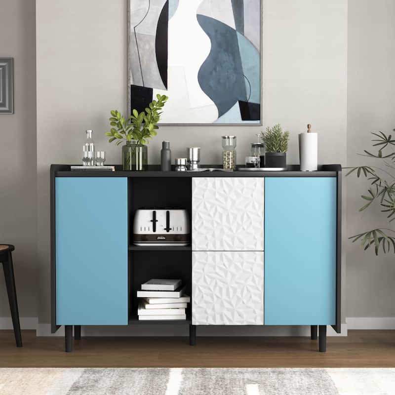 Sideboard Cabinet with Doors & 2 Drawers, Freestanding Coffee Bar Cabinet, Accent Cabinet with 2 Open Storage Compartment