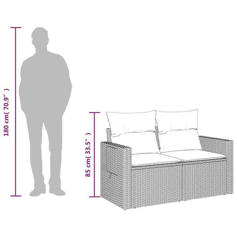 vidaXL Patio Sofa with Cushions 2-Seater Gray Poly Rattan - 48.8" x 24.4" x 27.2"