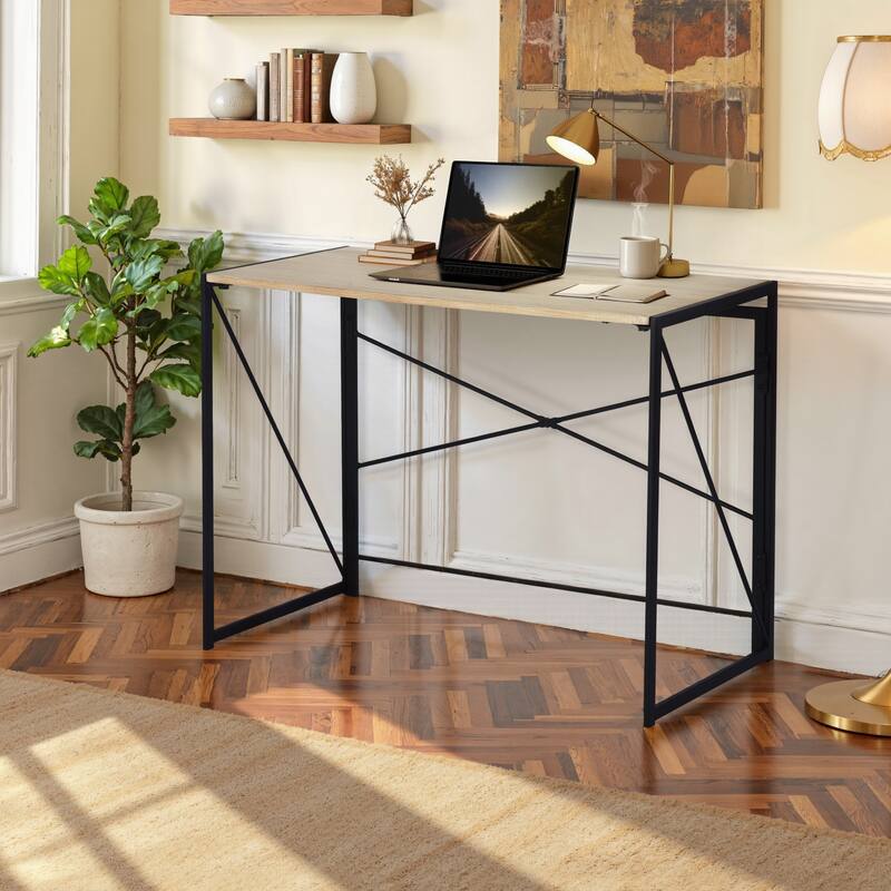 Homy Casa Modern Folding Desk with Black Metal Frame and Wood Top