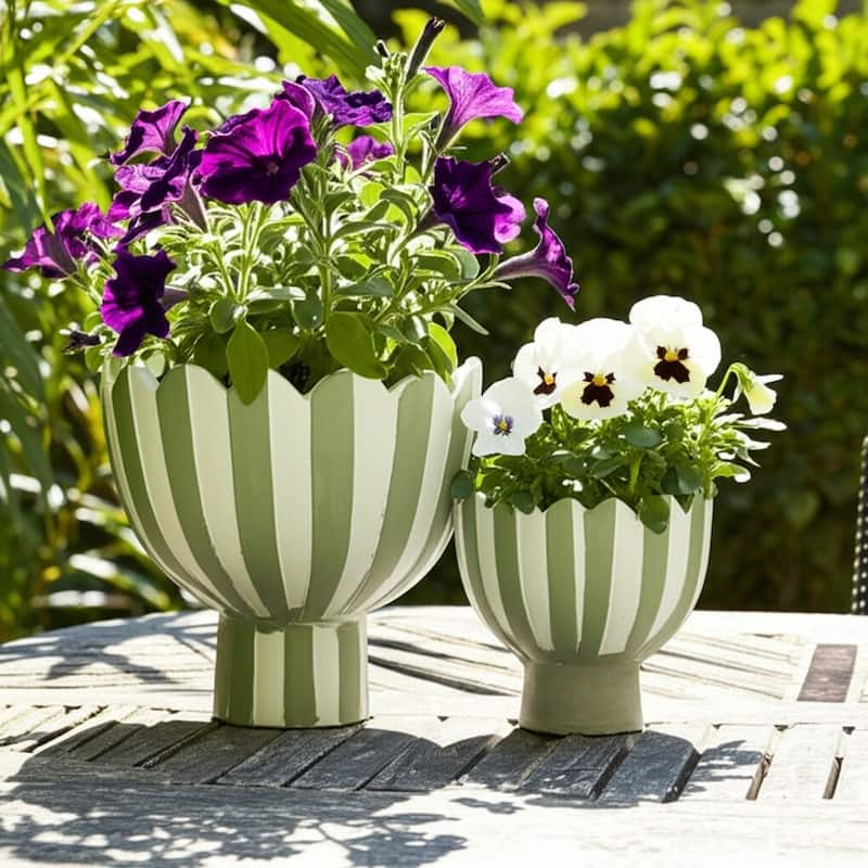 Pottery Planter Scalloped Rim Striped Design (Set of 2) - 8", 6" White - 8.75" x 8.75" x 8"