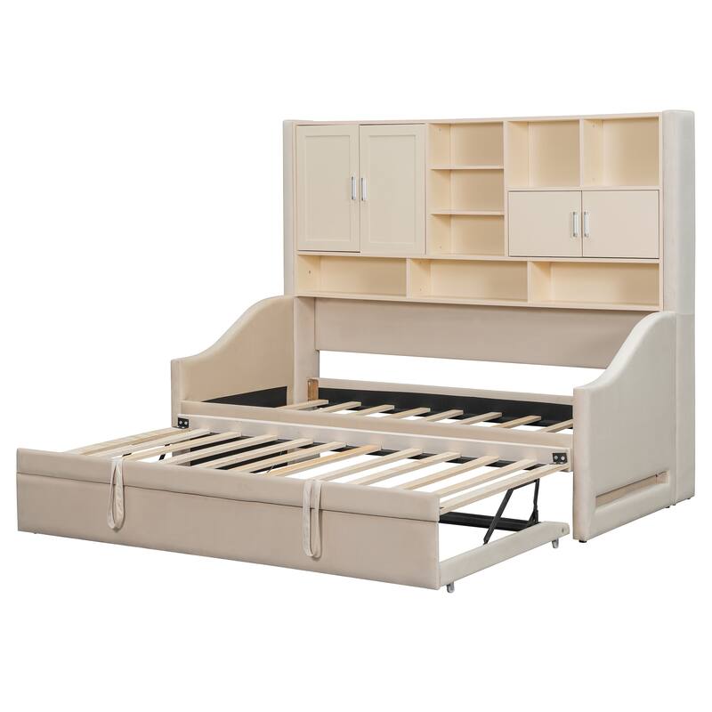 Twin Size Upholstered Daybed Sofa Bed with All-in-one Bookcase Storage Cabinets Shelves, Pull-out Lift-up Trundle, Arm Lights