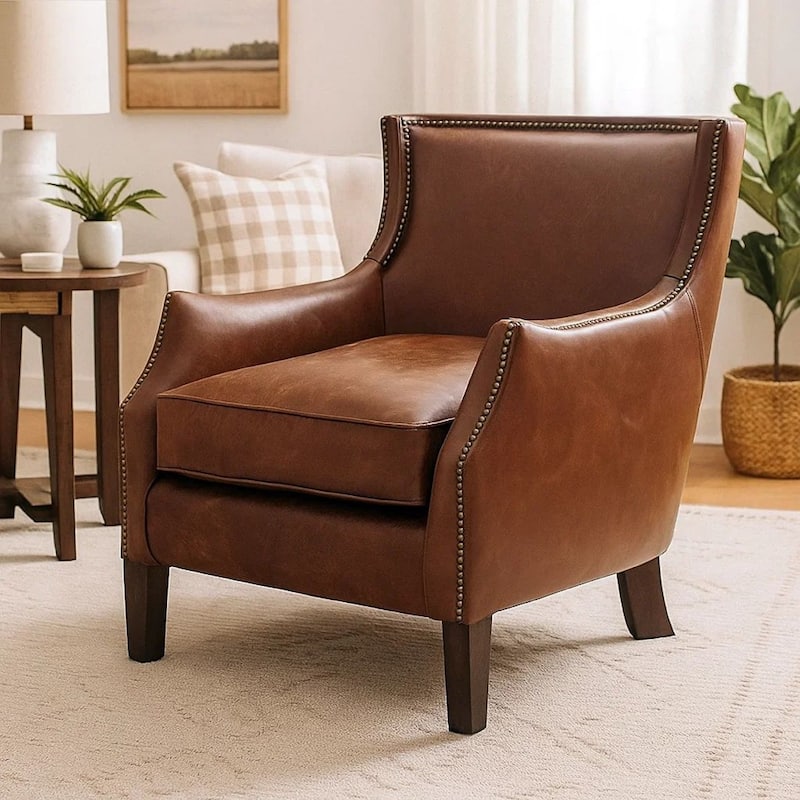 Accent Sofa Chair, Studded Trim, Brown Top Grain Leather, Rubberwood
