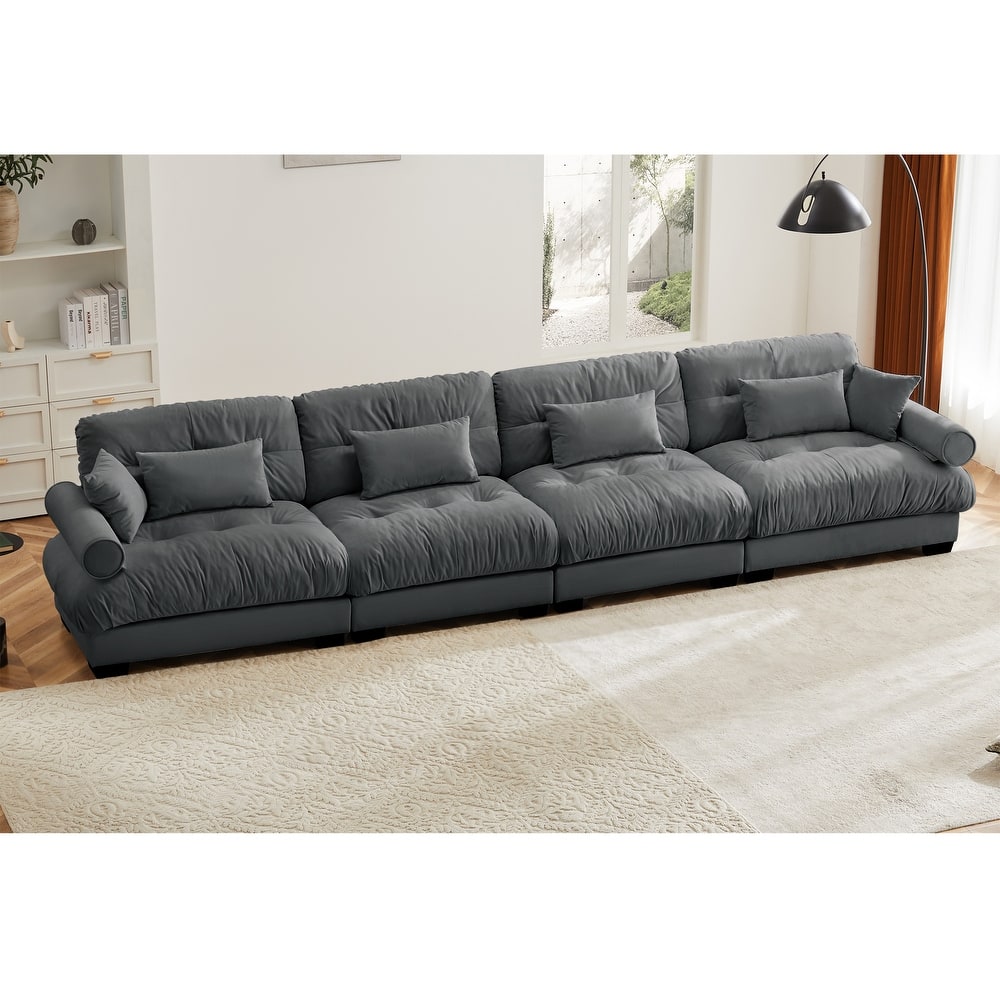 166" Velvet 4-Seater Sofa, Bolster Arms and High-Resilience Cushions