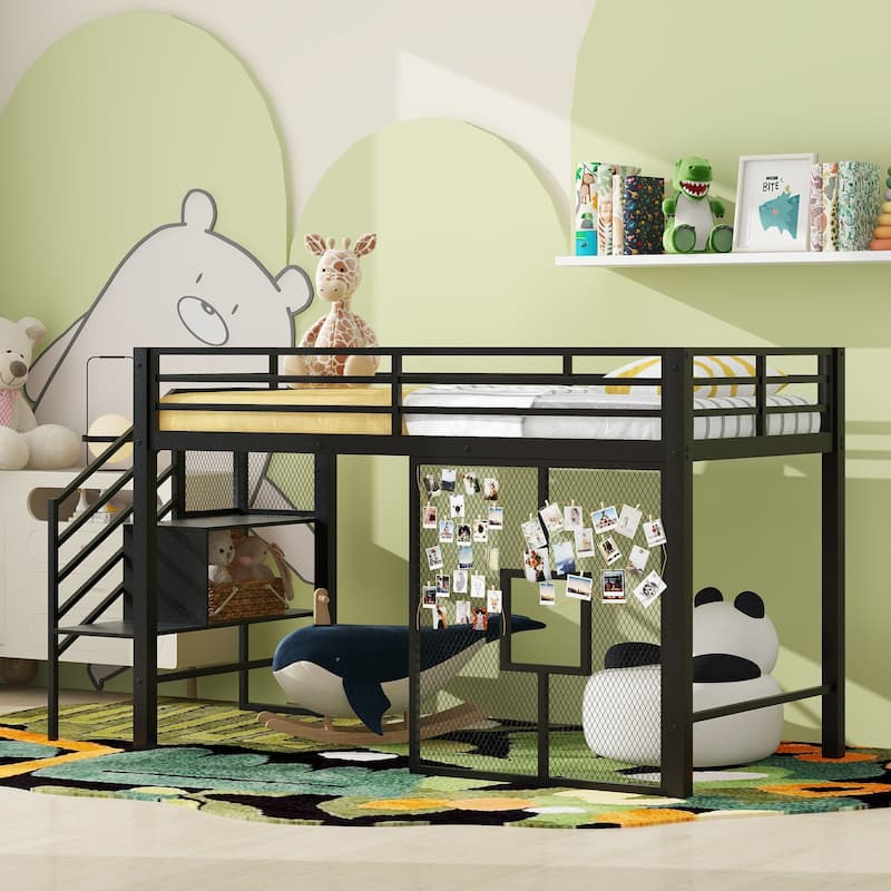 Black Twin Size Metal Low Loft Bed Frame with Storage Staircase and Iron Mesh - Black