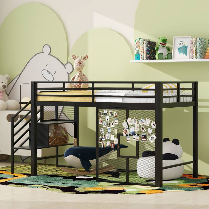 Twin Size Metal Low Loft Bed Frame with Storage Staircase and Iron Mesh - Black