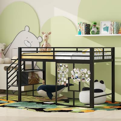 Twin Size Metal Low Loft Bed Frame with Storage Staircase and Iron Mesh