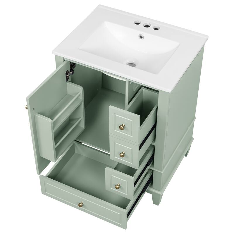Roomfitters 24" Bathroom Vanity with Sink, Solid Wood Frame, 3 Drawers & Side Cabinet with Door Racks