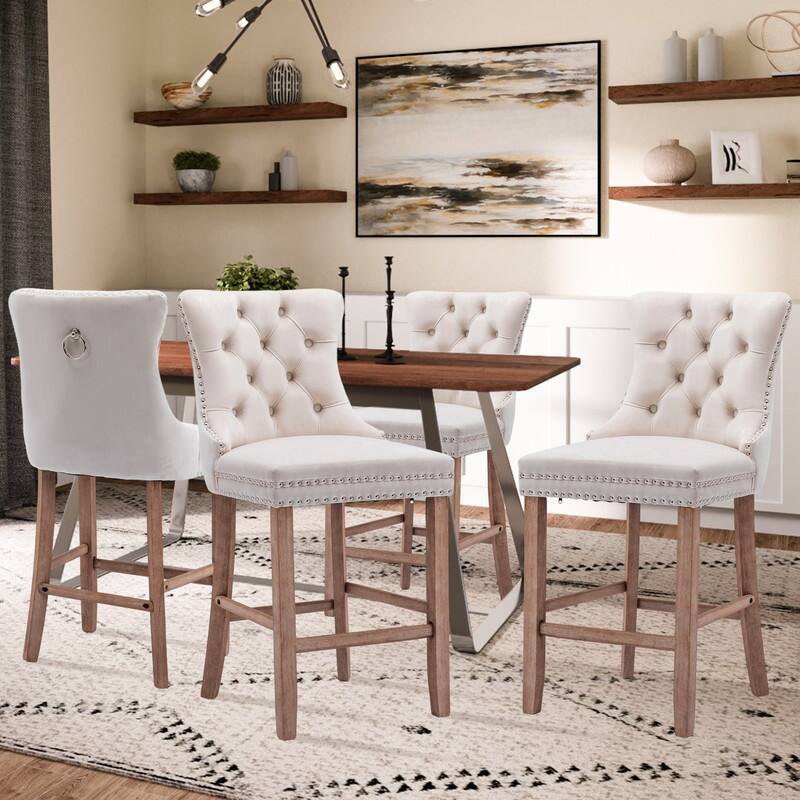 Contemporary Velvet Upholstered Counter Bar Stools Set of 4 - Beige