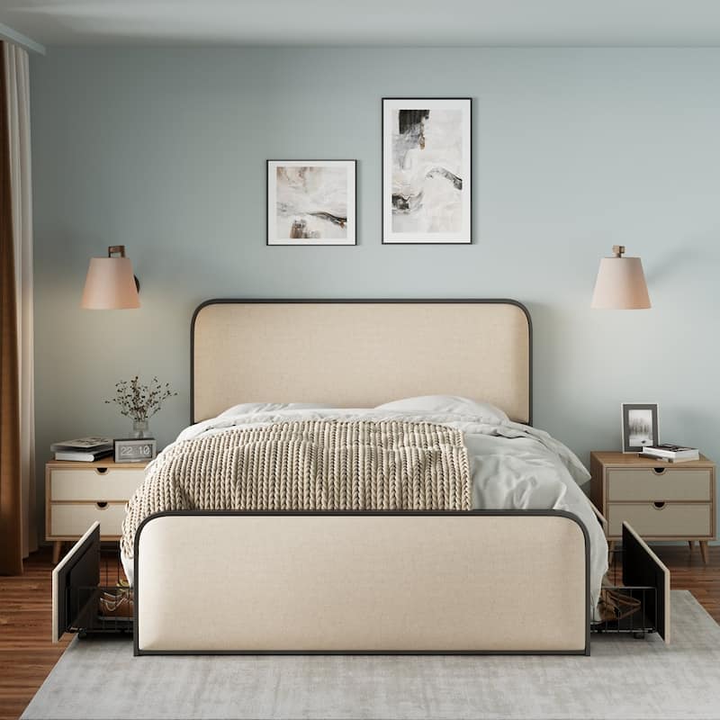 Modern Metal Bed Frame with Curved Upholstered Headboard and Footboard