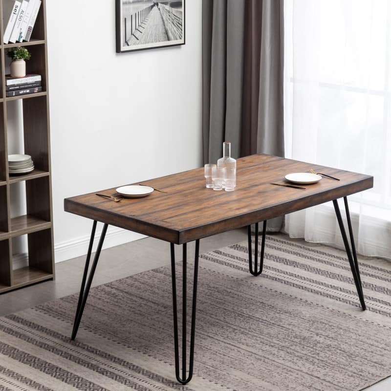 Industrial Metal Hairpin Design Dining Table, Rustic Dark Pine