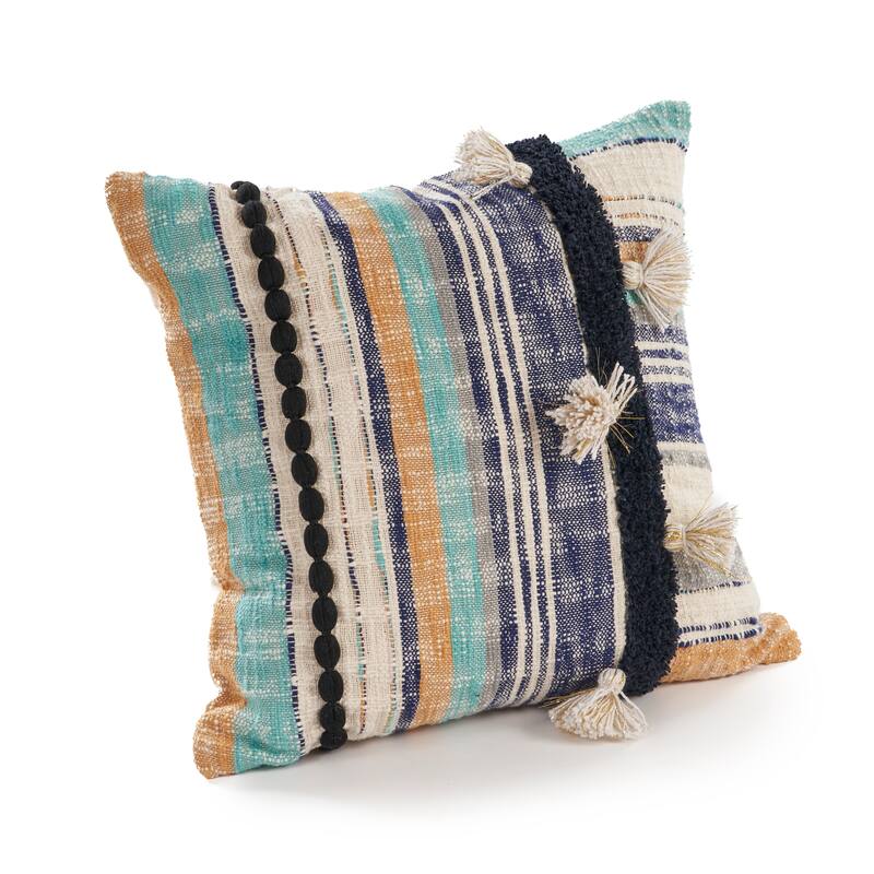 Sevita Destin Blue/Multi Striped Tassled Cotton Throw Pillow, Set of 2