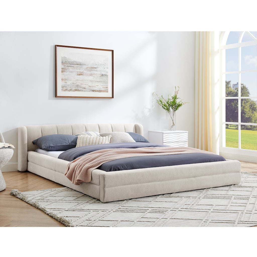 Wide-Edge Chenille Fabric Grounded Queen Size Platform Bed with Headboard