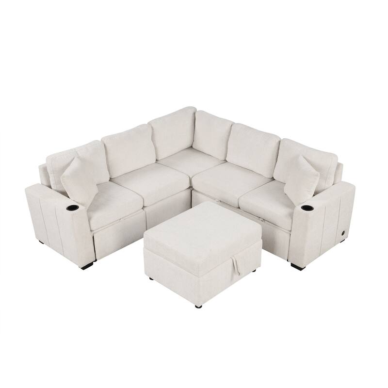 84.7" Convertible Sofa Bed in Beige Chenille with Storage Ottoman, USB & Cup Holders