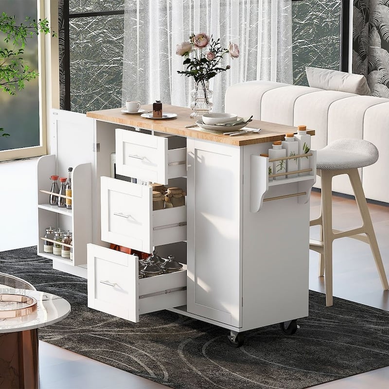 Kitchen Island Cart with Rubber Wood Top and Locking Wheels