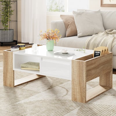41.3 x 23.6" Wood Coffee Table with 2 Drawers, Open Storage Shelf and Two Side Storage