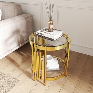 2-Tier Round Glass End Table with Gold Stainless Steel Legs, Easy ...
