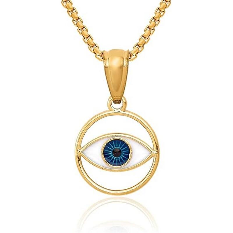Curata 14k Yellow Gold 18" 15x9.2mm Small Polished Enameled Eye Circle Necklace