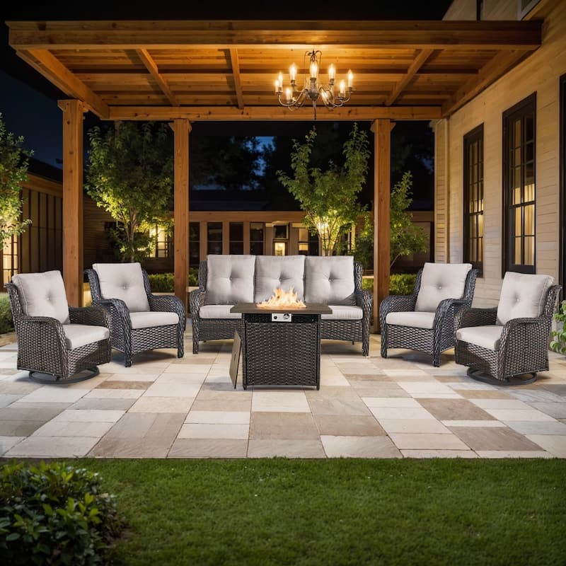 Pocassy 6 Pieces Fire Pit Table with Sofa Chairs - Brown Wicker Beige Cushion - 6 Pieces Sofa Chairs with Fire Table