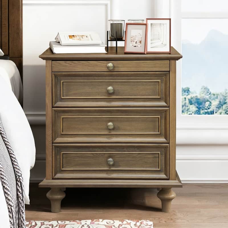 Traditional 3-Drawer Nightstands with Pull-Out Shelf and Solid Wood Legs - 1Piece-Light Brown