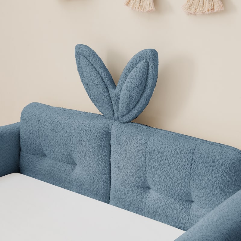 Twin Size Platform Bed Upholstered Bed with Safety Rail and Pocket, Kids Bed with Rabbit Ear, Skin-friendly Boucle Fabric