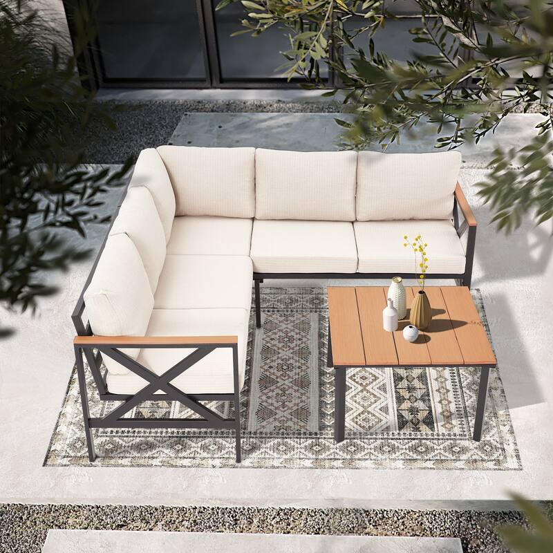 EROMMY 6-Piece Patio Sectional Furniture Set, Outdoor Metal L-Shaped Sofa with Faux Wood Coffee Table and Thick Cushions
