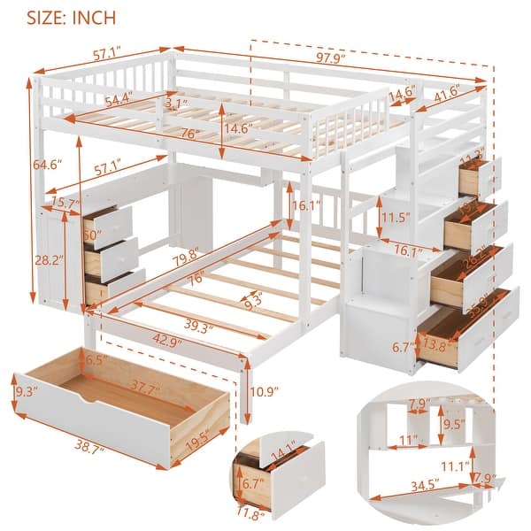 Elegant Full Over Twin Bunk Bed with Desk, Drawers and Shelves, Gray