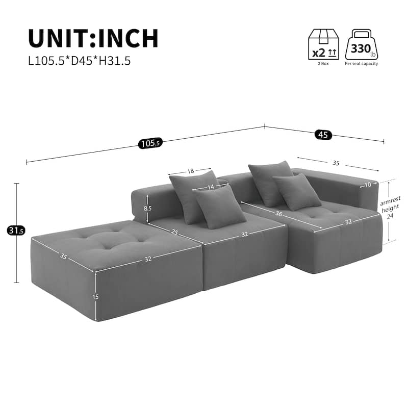 105.5'' L Shaped Modular Sofa, 3 PC Free Combo, No Assembly, Gray Corduroy, Living Room